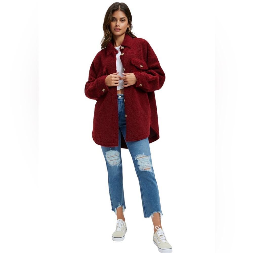 Good American Team Cardinal Sherpa Shacket Burgundy Red Size XS NWT